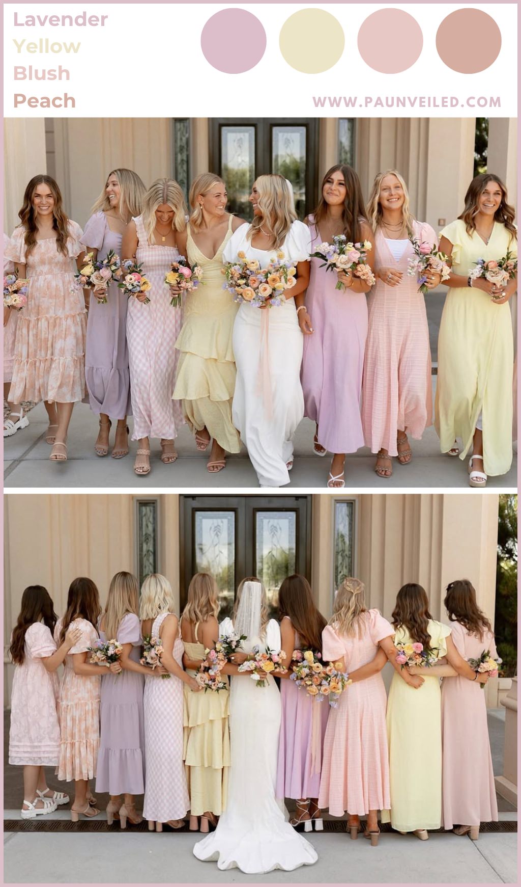 A bride and bridesmaids posing from the front and back. All of the girls are in spring pastel colored dresses