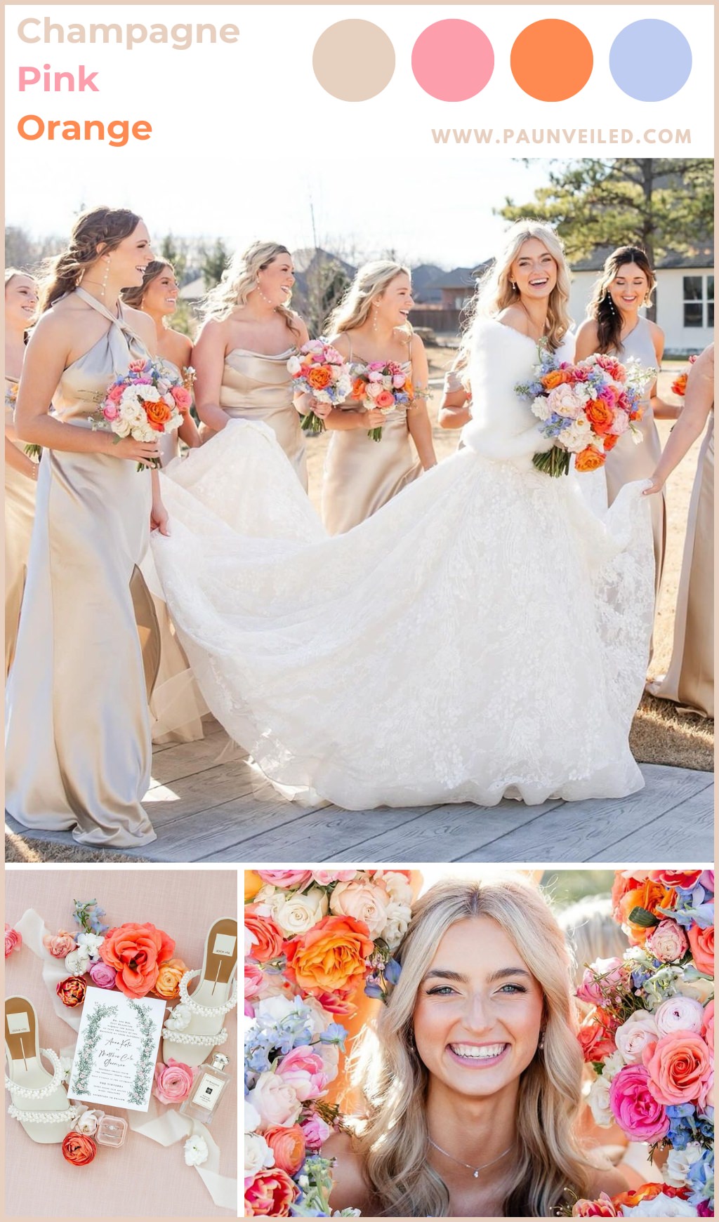 A bride posing with bridesmaids in champagne colored dresses and holding bouquets with pink and orange flowers