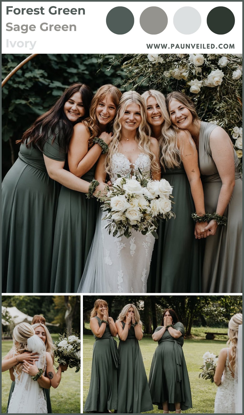 A bride posing with bridesmaids in forest green and sage green dresses.