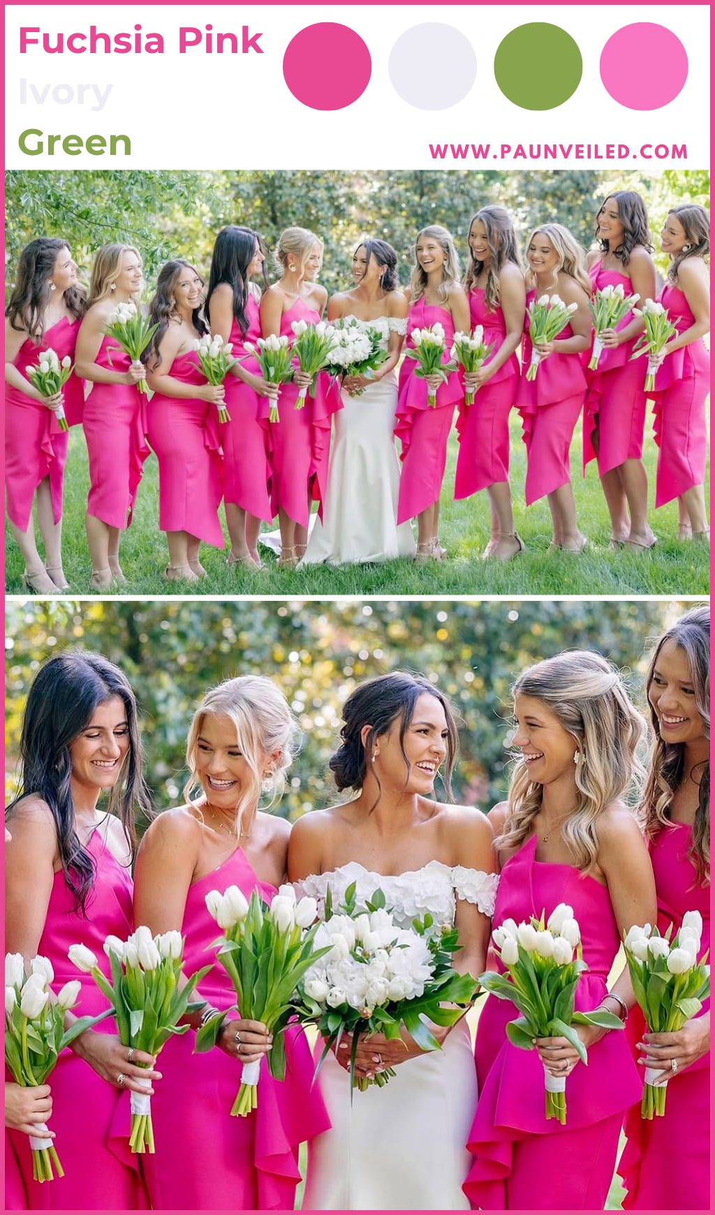 A bride posing with bridesmaids in matching bright pink fuchsia colored dresses and holding bouquets of white tulips.