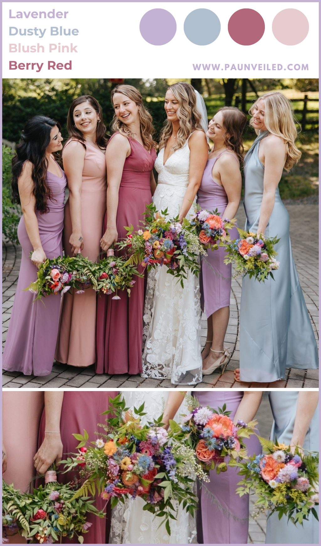 Bridesmaids in lavender, dusty blue, red, and blush mismatched dresses posing with the bride