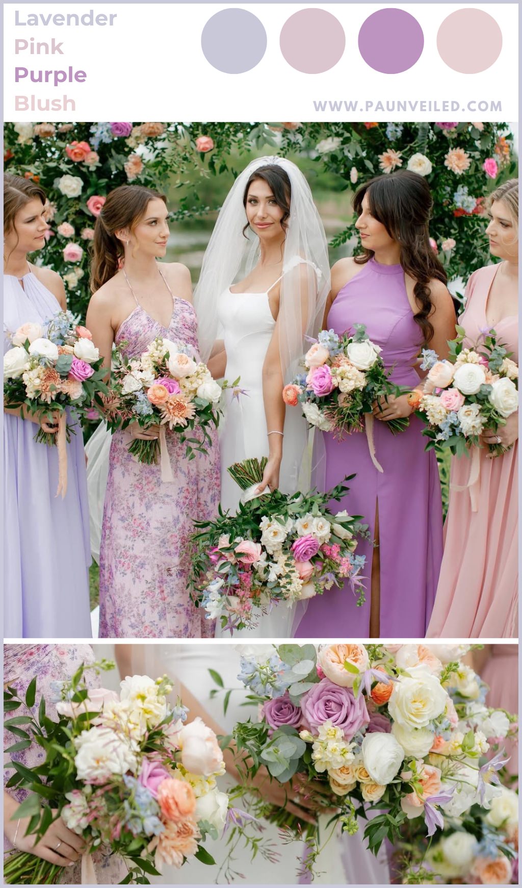 A bride posing with bridesmaids in spring palette mismatched bridesmaid dresses