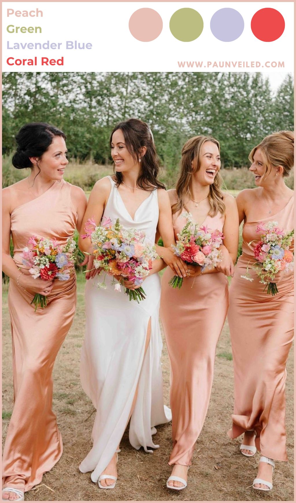 A bride walking with 3 bridesmaids in peach colored dresses