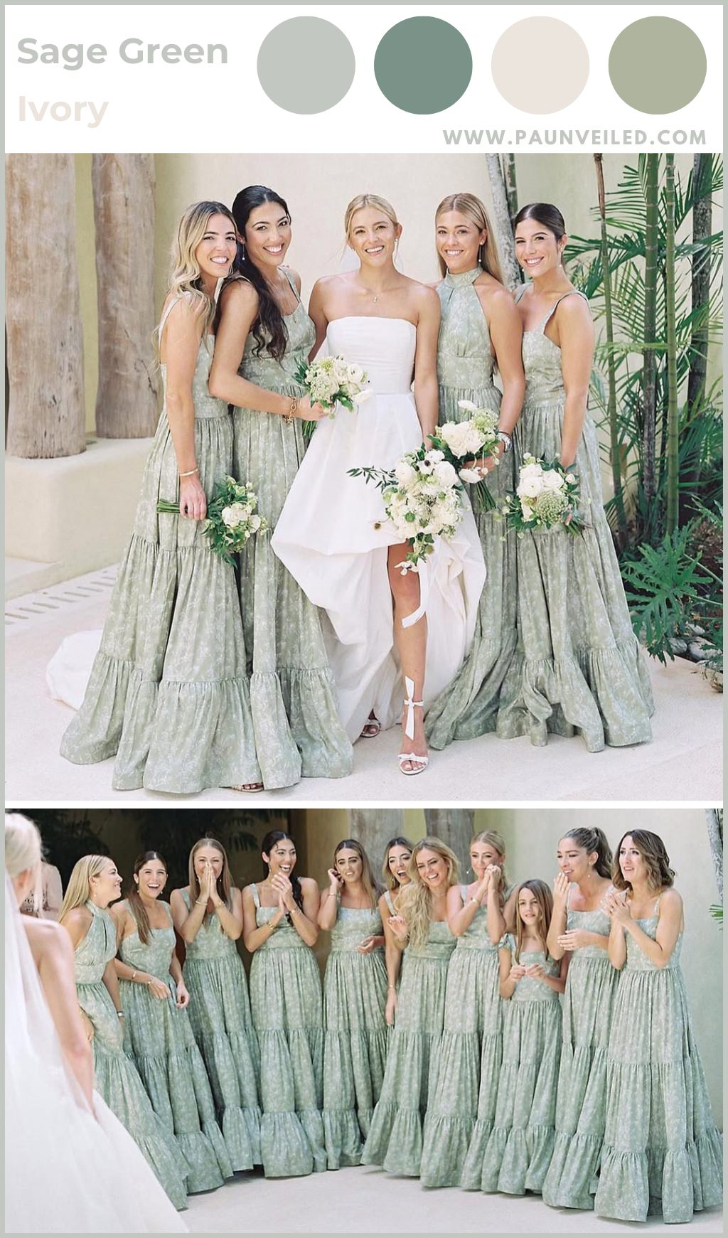 A bride posing with bridesmaids in sage green floral patterned dresses