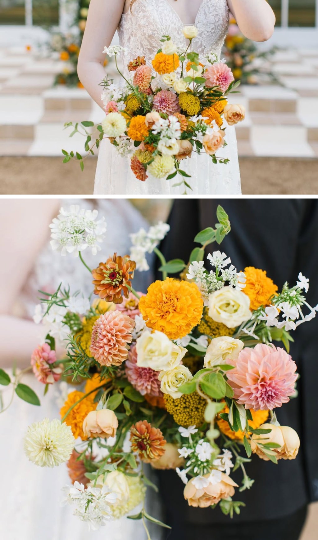A summer wedding bouquet with gold and yellow flowers