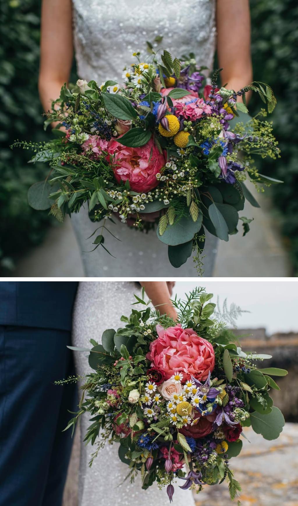 A gorgeous summer wedding bouquet with gorgeous flowers and deep greens