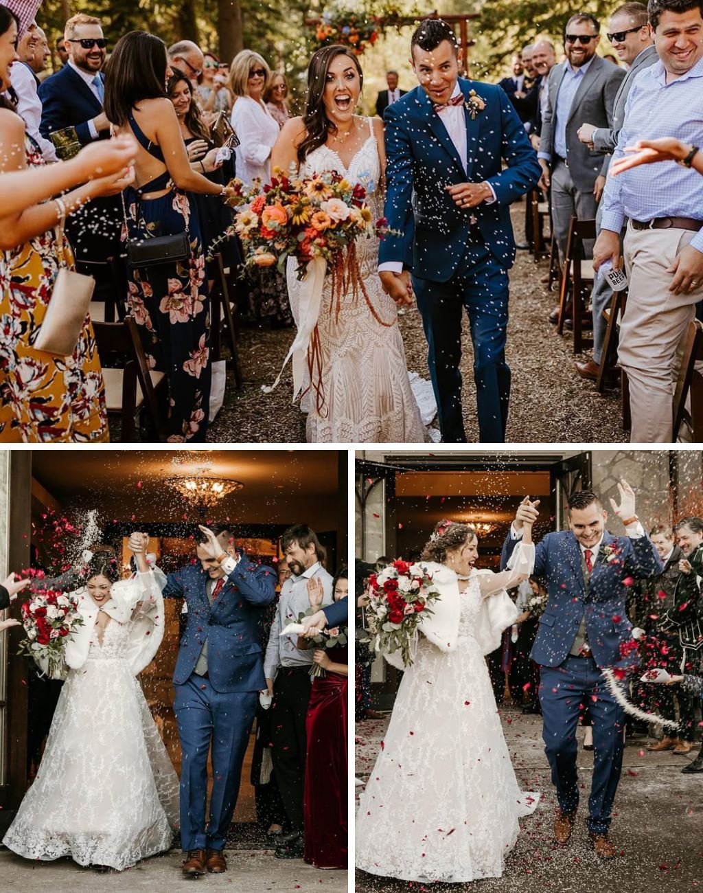Two different couples using birdseed as their wedding ceremony exit idea