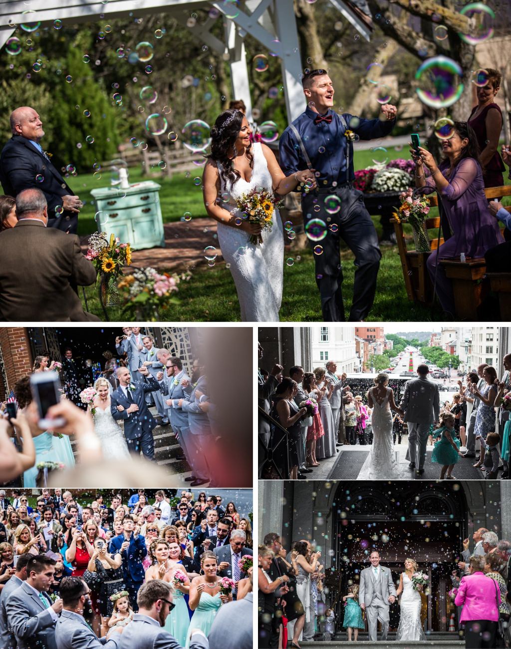 A photo collage showing multiples couples using bubbles for their wedding ceremony exit