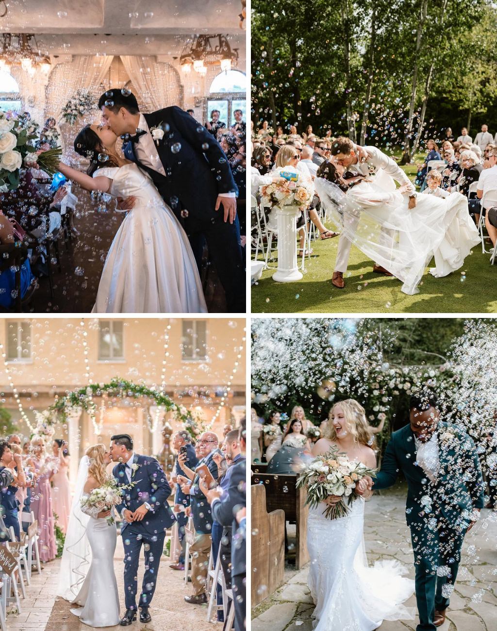 Fun wedding ceremony bubble exits. This collage shows four different couples walking down the aisle through a bunch bubbles after getting married.