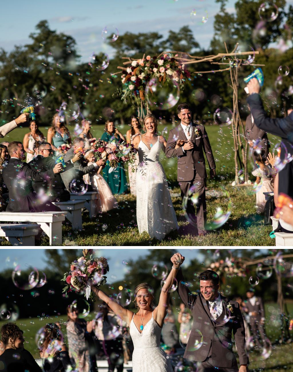 A bride and groom exiting their ceremony through a big thing of bubbles