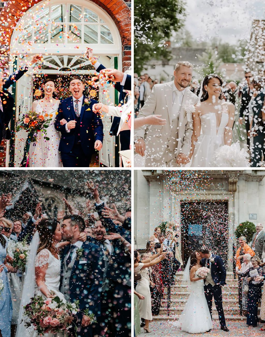 4 different couples using heart shaped confetti afor their ceremony exit