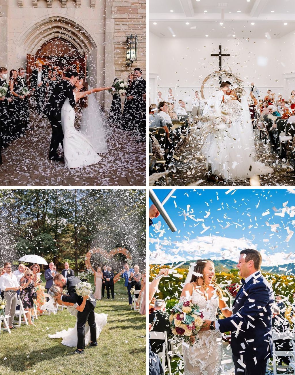 Four different couples using confetti cannons and sticks for their ceremony exit