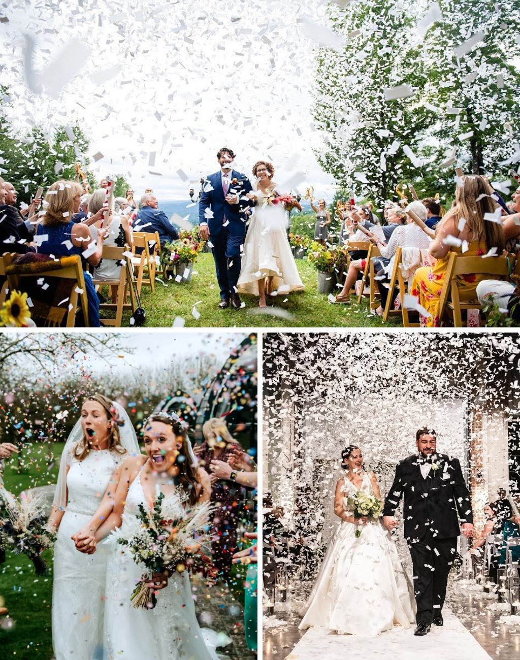 A photo collage showing 3 couples using confetti sticks and cannons for their wedding ceremony exit