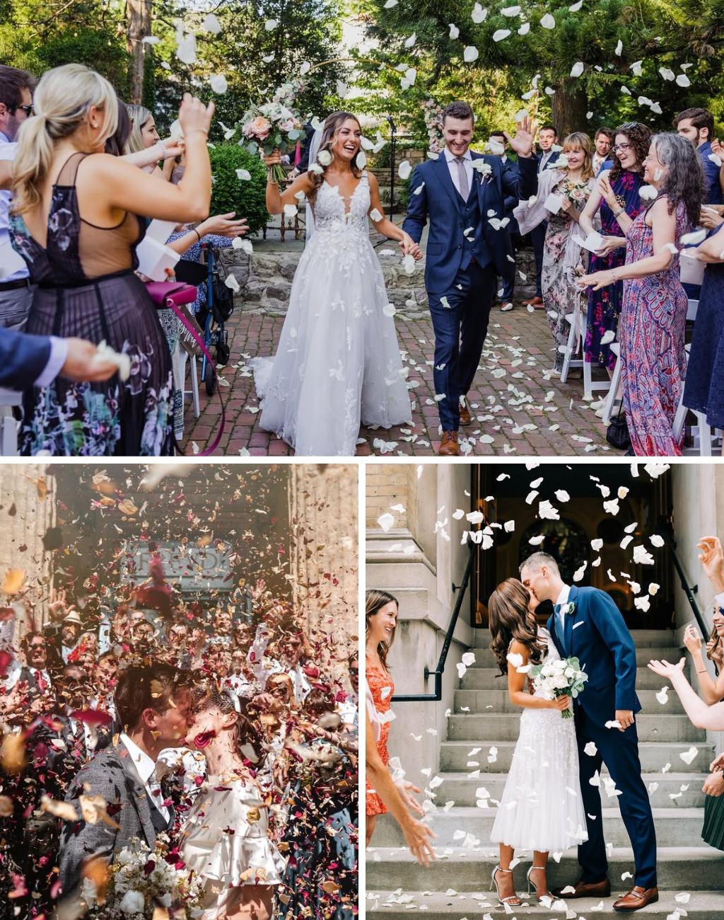 Couples using flower petals being tossed as their wedding ceremony exit idea