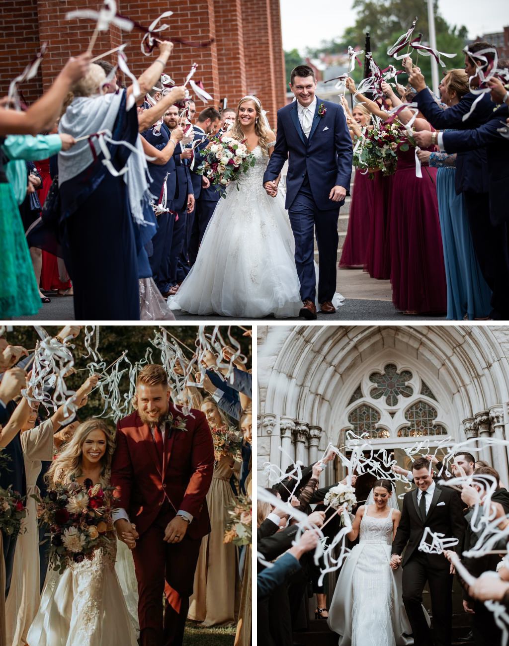Couples using ribbon wands for their wedding ceremony exit