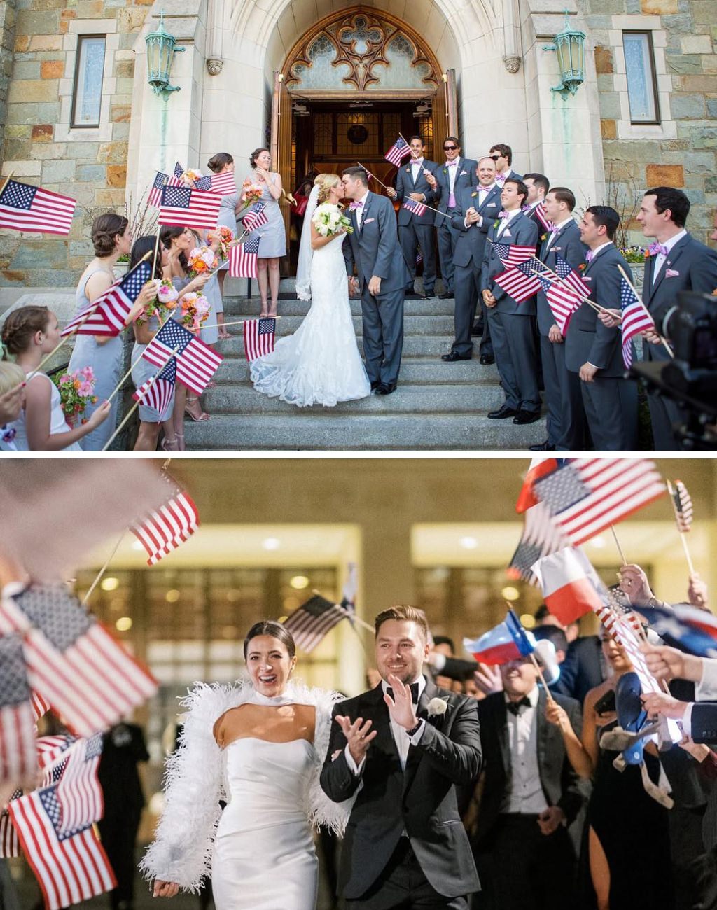 Couples using miniature flags for their wedding ceremony exit