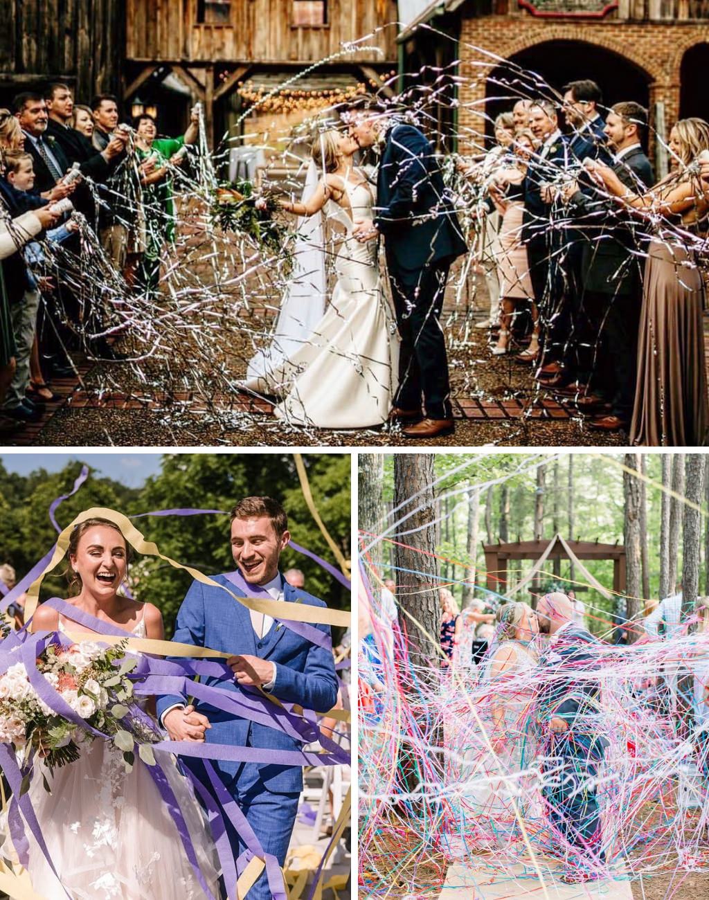 Three couples using streamers as their wedding ceremony exit