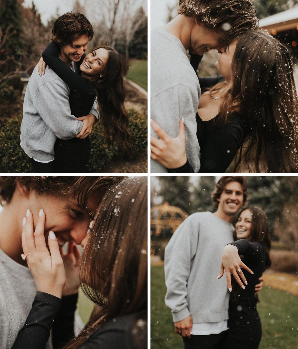 Romantic winter engagement pictures showing a couple in multiple poses outdoors