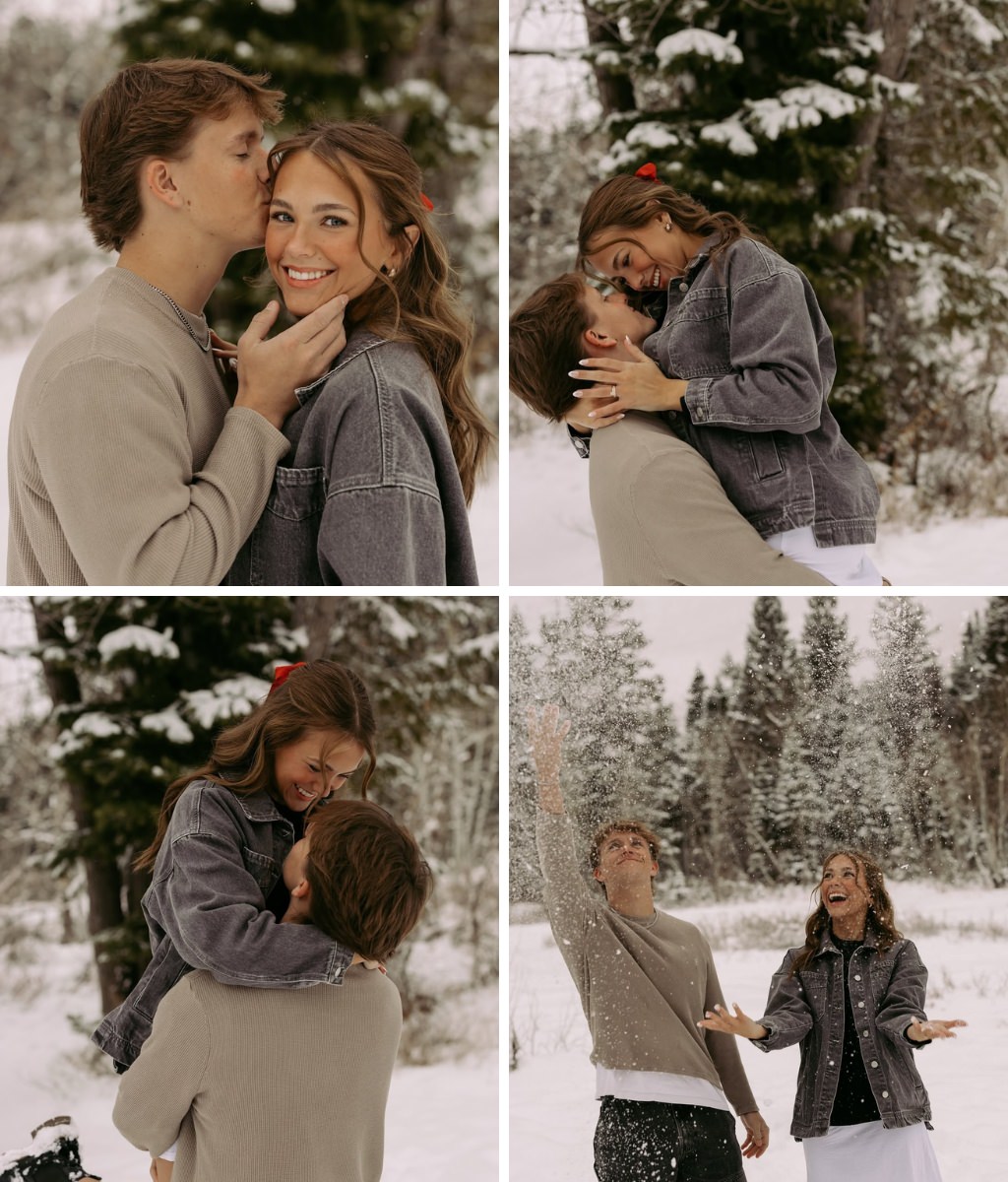 A couple posing for engagement pictures in the snow