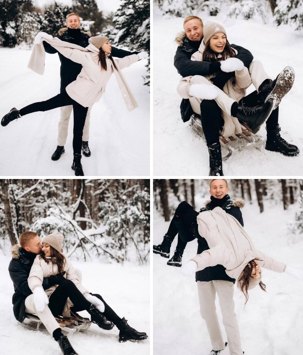 A couple dressed in winter outfits posing for engagement photos in the snow