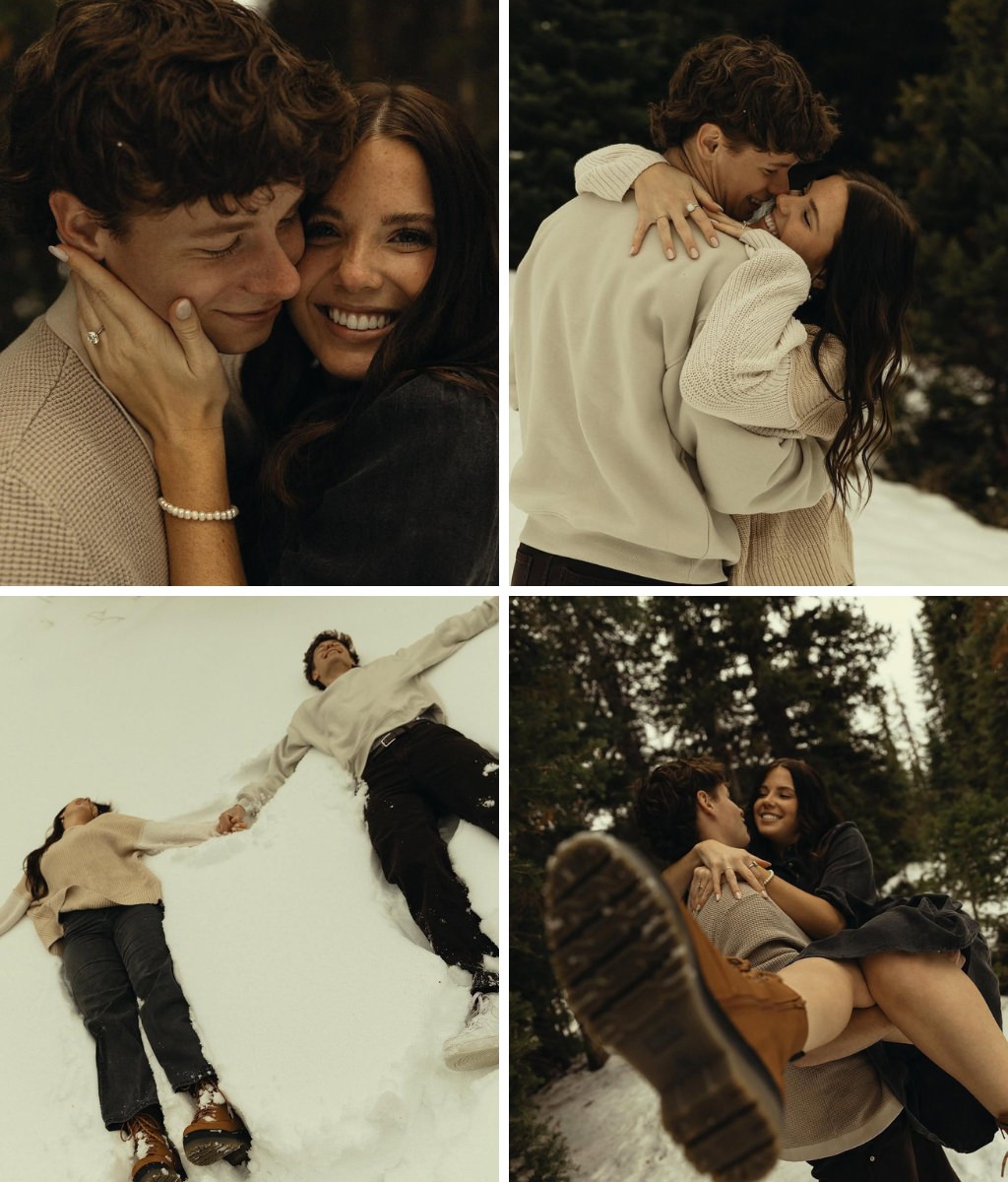 Dark and moody winter engagement pictures with a couple in a variety of different poses