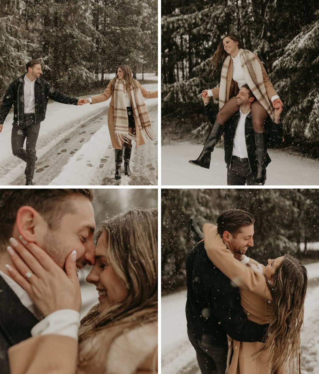 Winter engagement photos with a couple being playful in the snow