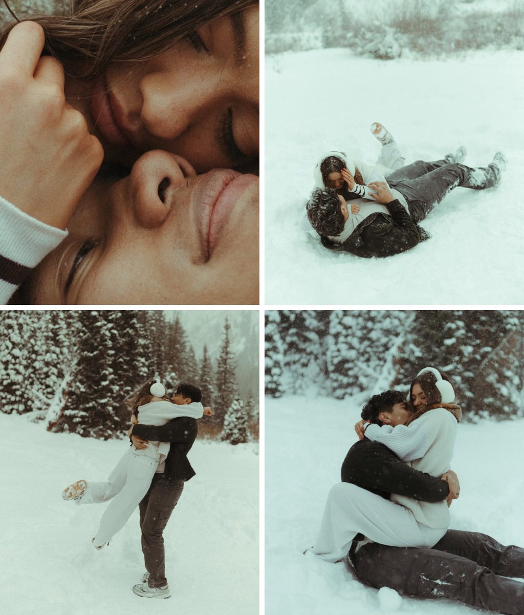 Cozy and romantic winter engagement photos in the snowy outdoors