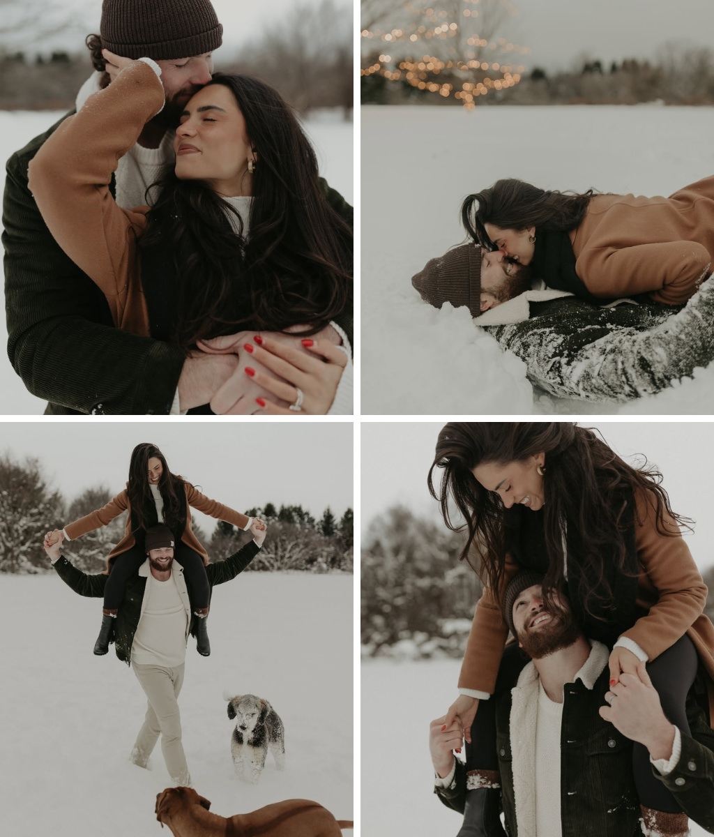 A couples posing for engagement pictures in the snow