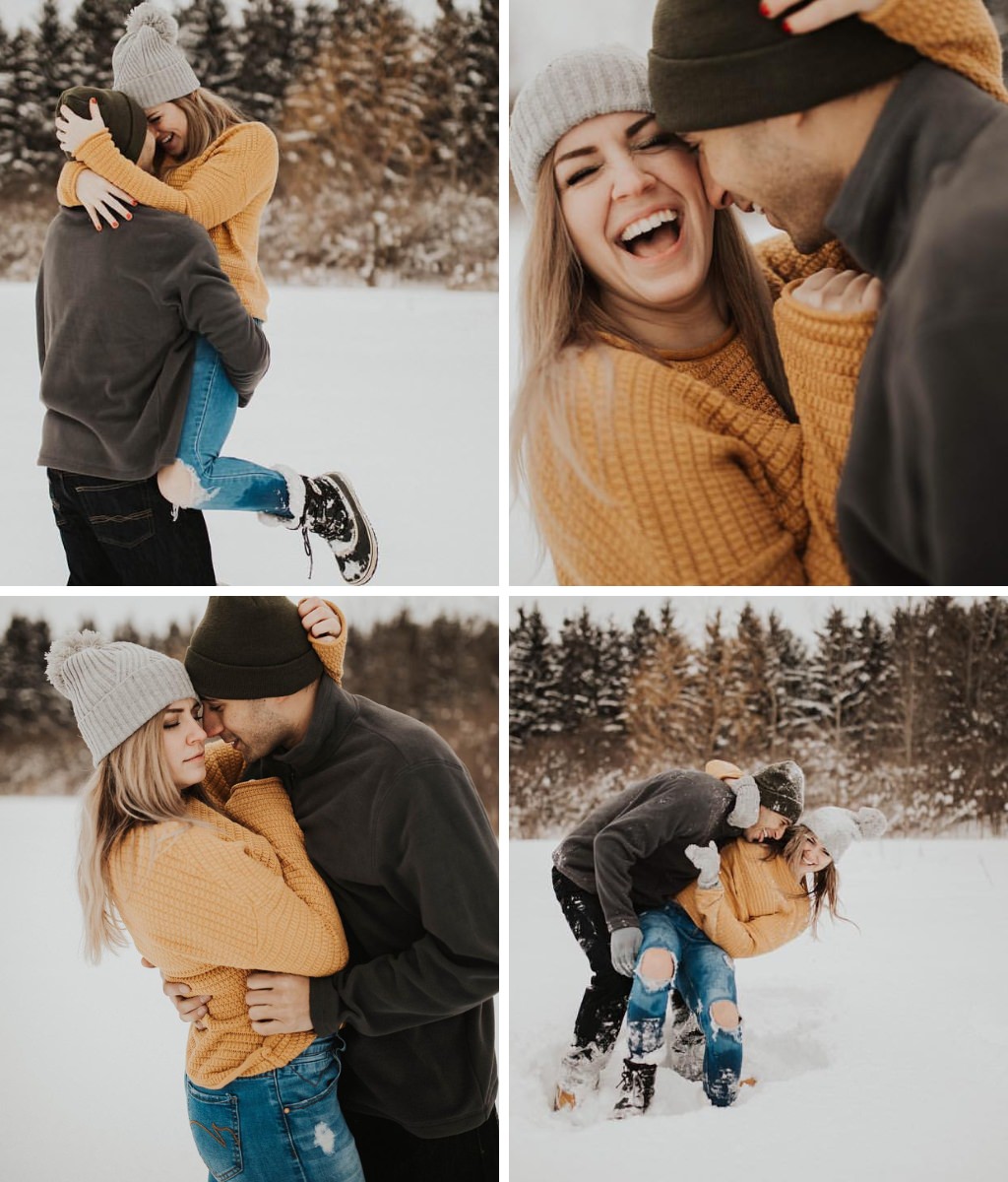 An engagement session taking place in the snow. The girl is wearing a cute yellow sweater and winter hat