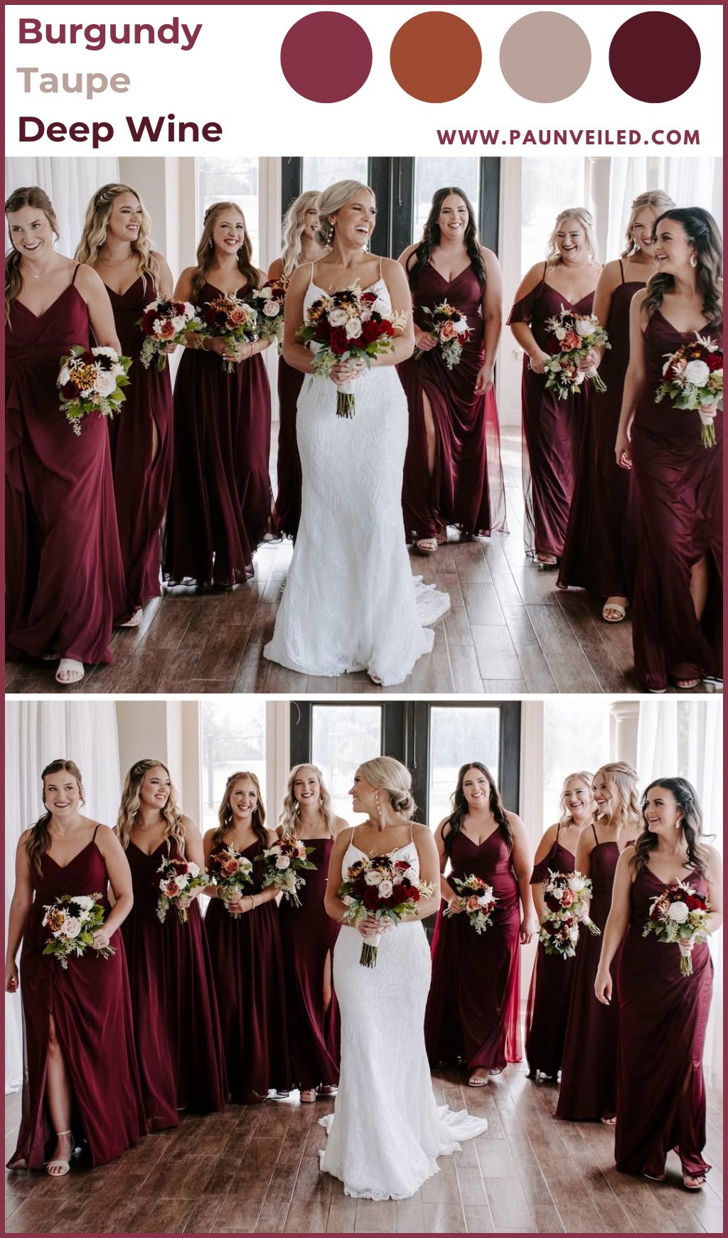 A bride posing indoor with bridesmaids wearing burgundy dresses