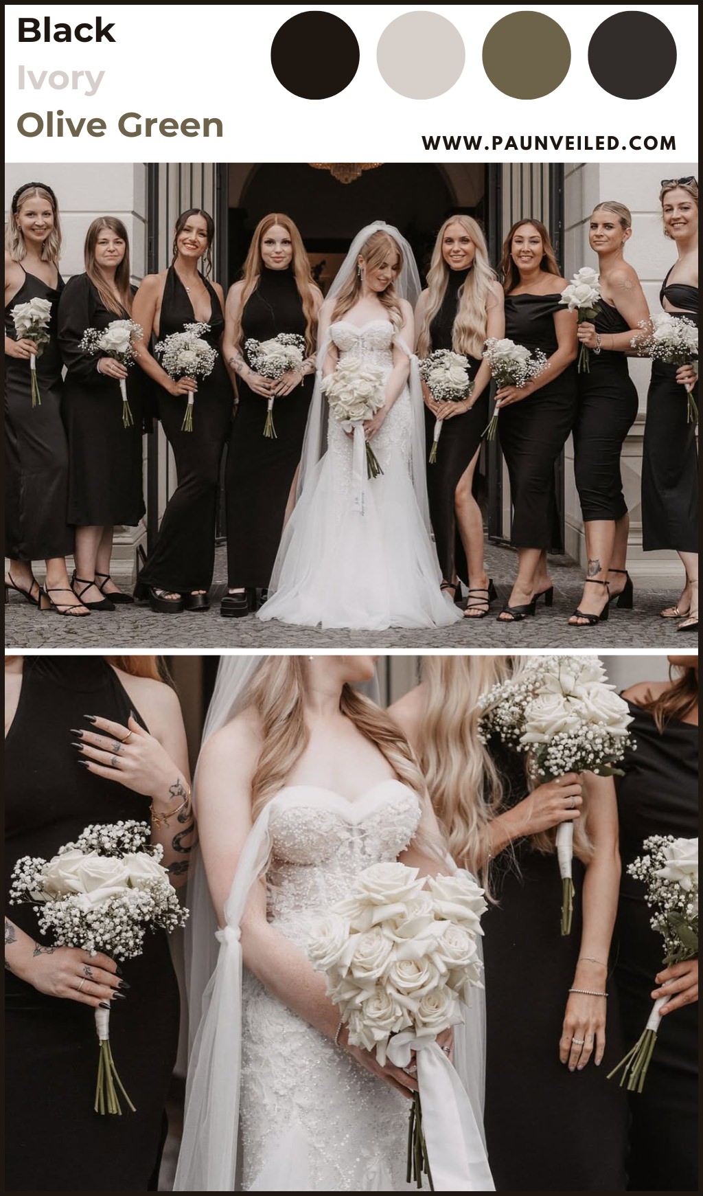 A bride posing with bridesmaids wearing black dresses in the winter