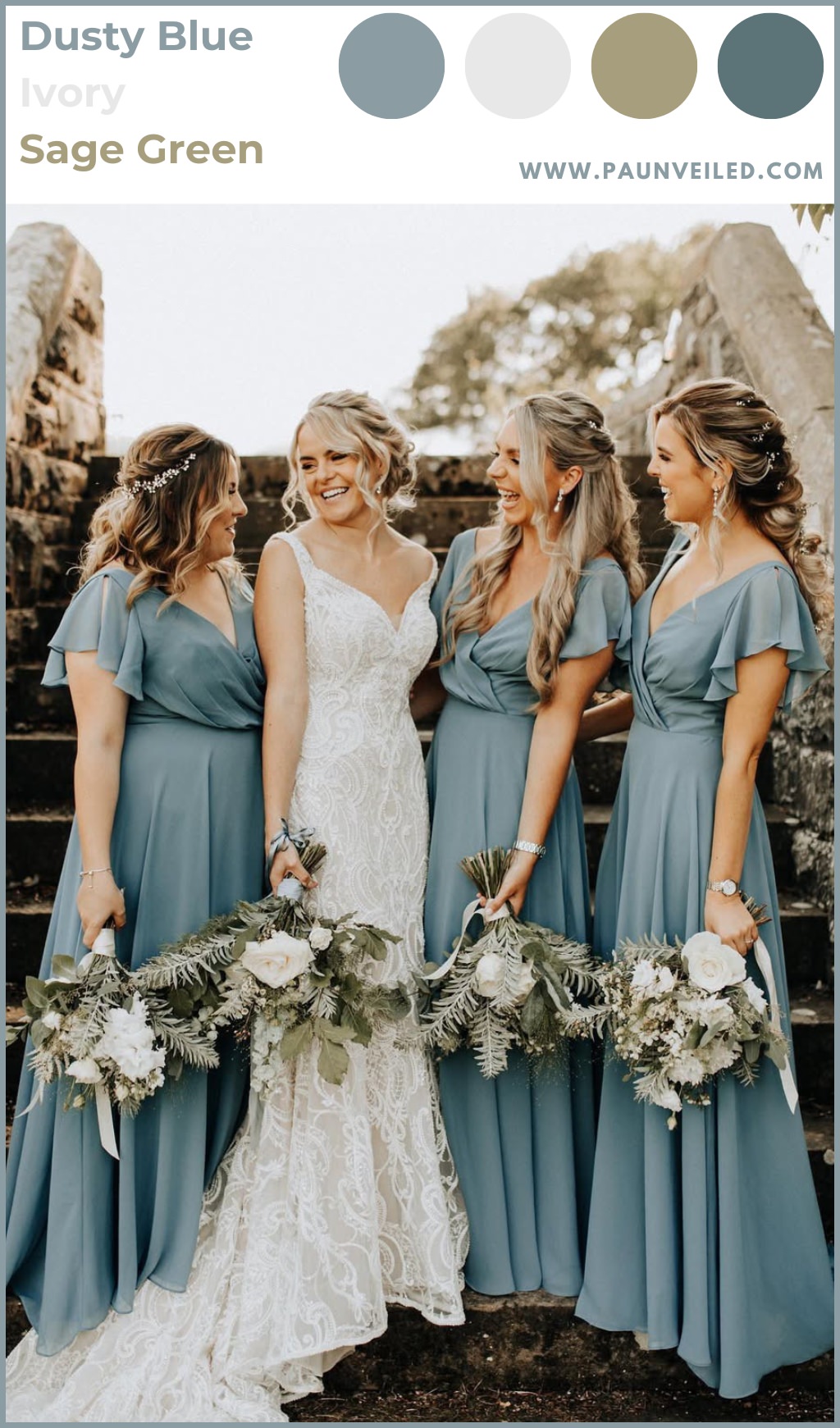 Bridesmaids wearing dusty blue dresses and posing with the bride. This is for the blog post called winter wedding colors