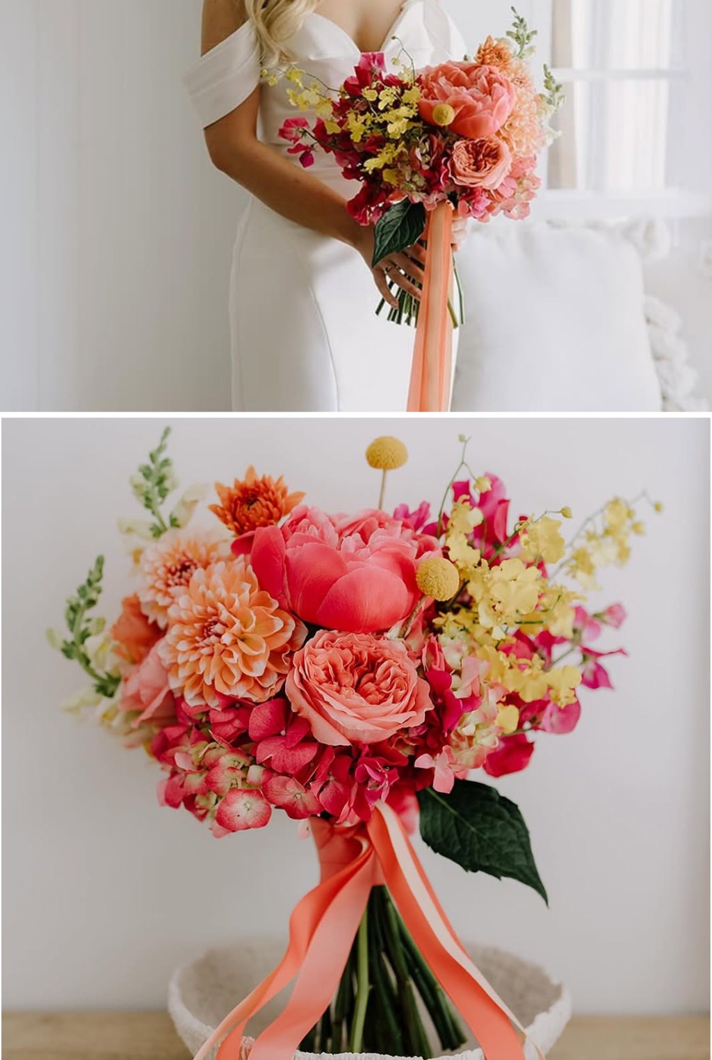 A bright colored fall wedding bouquet with orange, coral and yellow