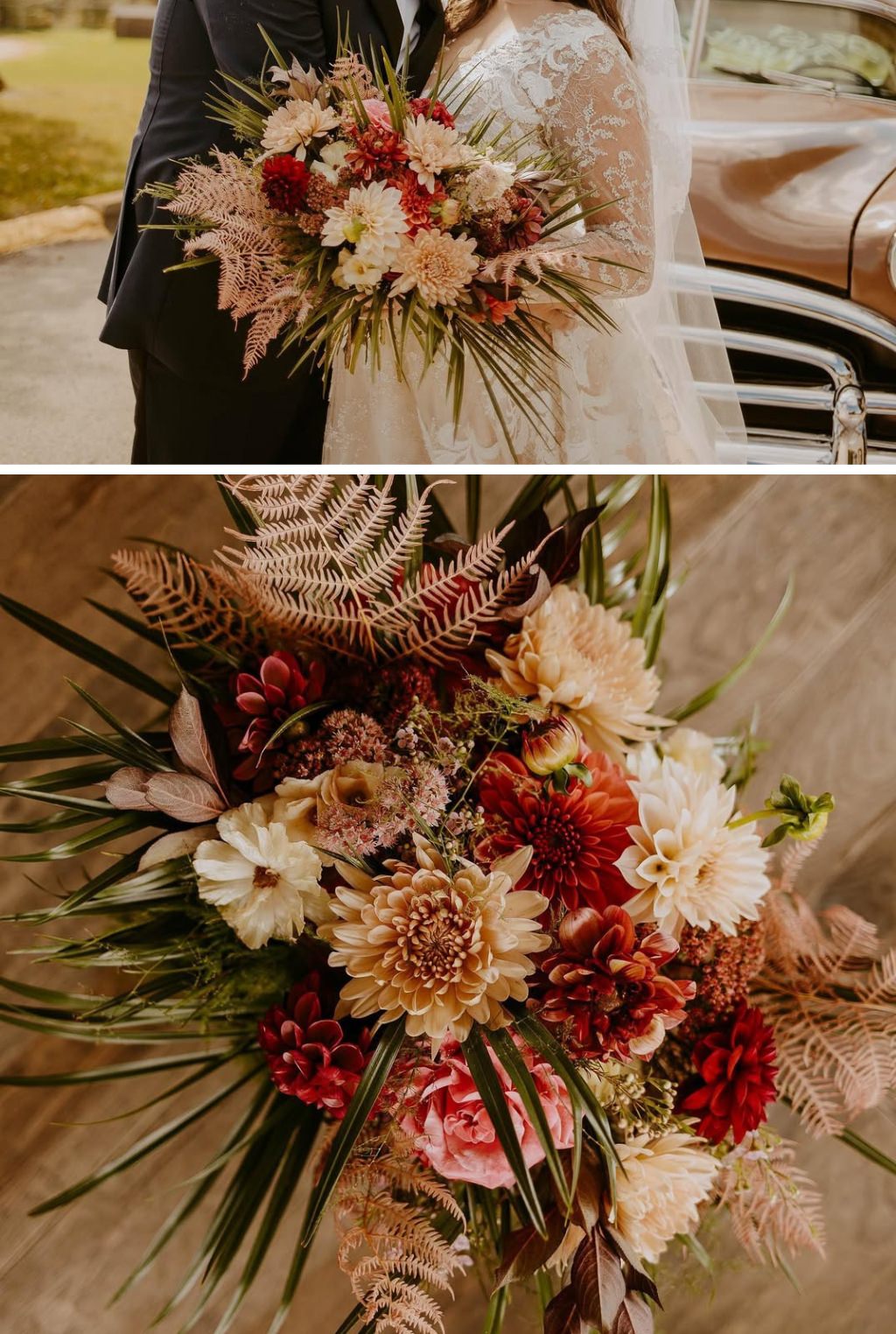 a boho style fall wedding bouquet with browns and oranges