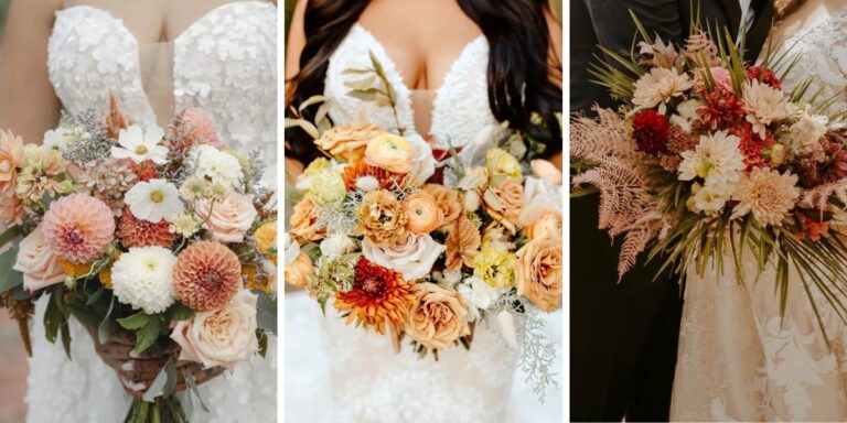 A collage showing three different fall wedding bouquets