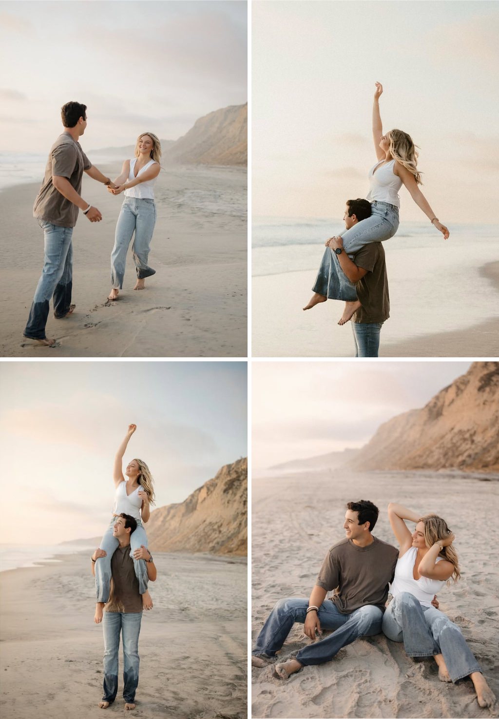 Fun and playful engagement photos at the beach in jeans and barefoot