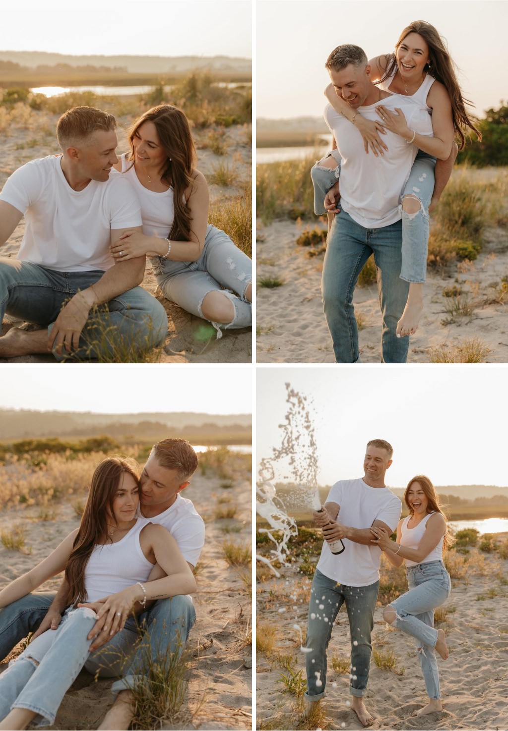 A couple posing for engagement photos at the beach wearing blue jeans and going barefoot.