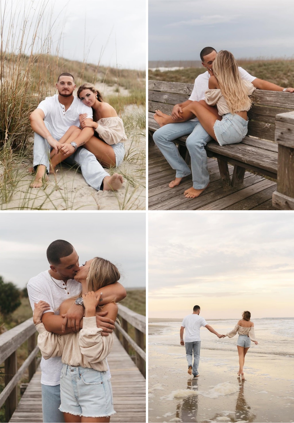A couple posing for engagement photos at the beach in jeans and jean shorts.