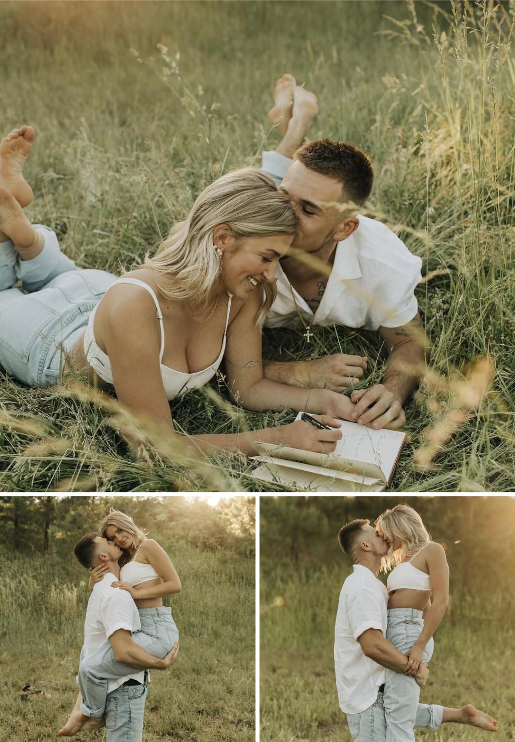 A couple relaxing during their engagement photoshoot in blue jeans and white tops.
