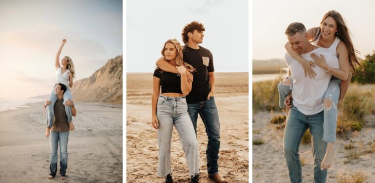 a collage showing 3 photos with jeans engagement photos