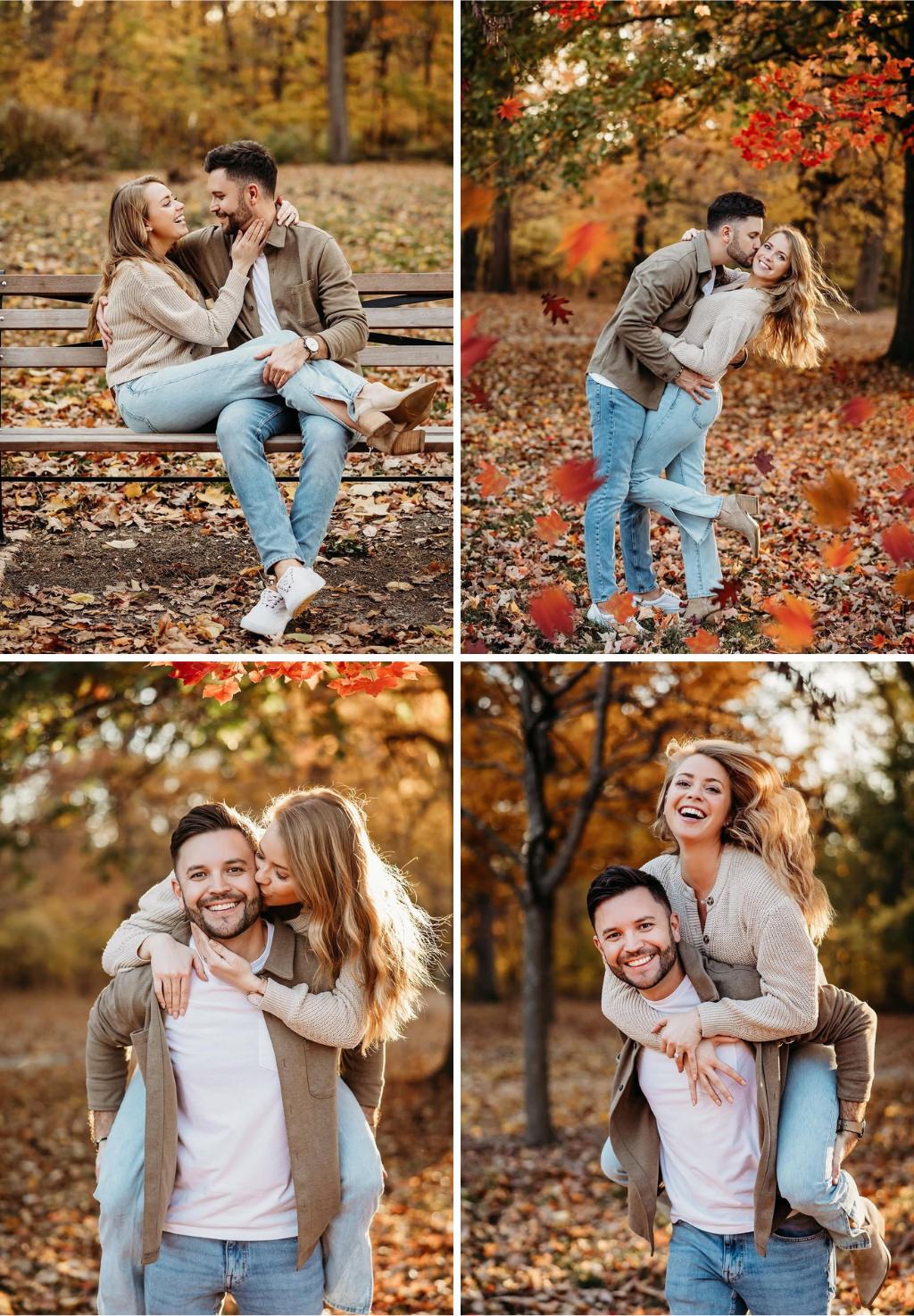 A fun couple taking engagement pictures in the fall wearing jeans